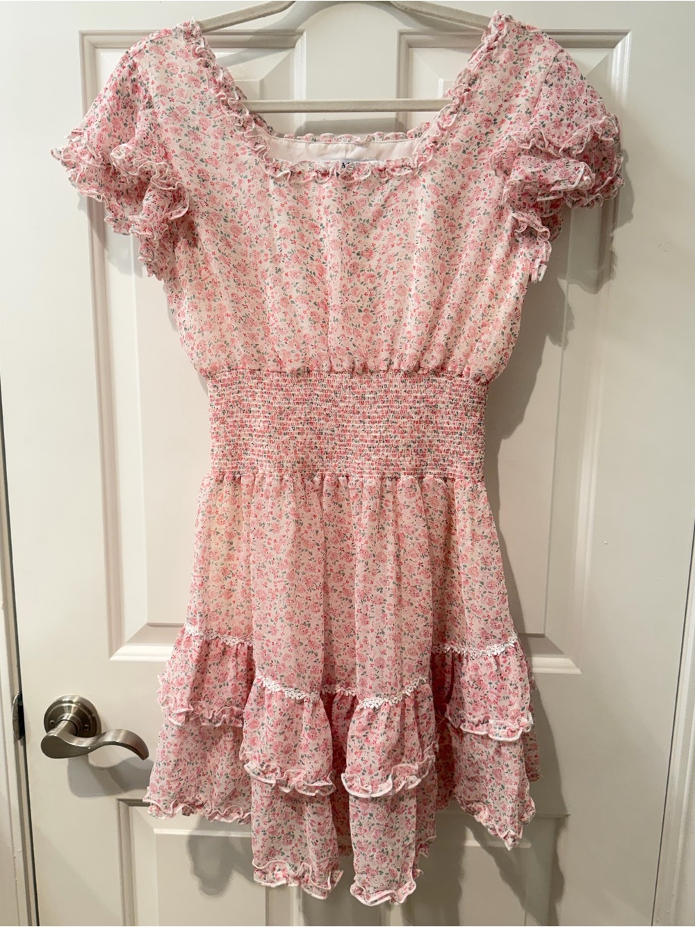 LAIT Estelle Ruffle Pink Floral Tiered Dress with Smocked Waist